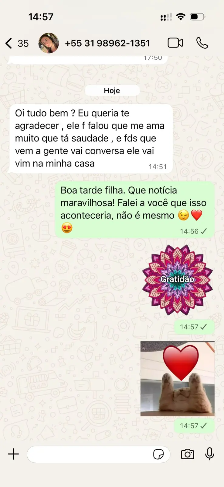 Ele falou que me ama muito, que tá com saudade, vai vir aqui em casa.