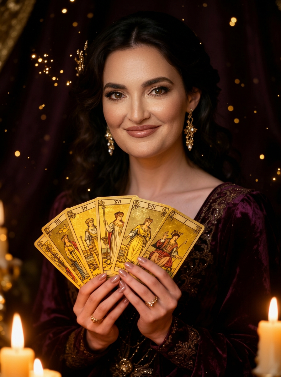 Amanda Astral segurando cartas de tarô douradas em ambiente sofisticado iluminado por velas
