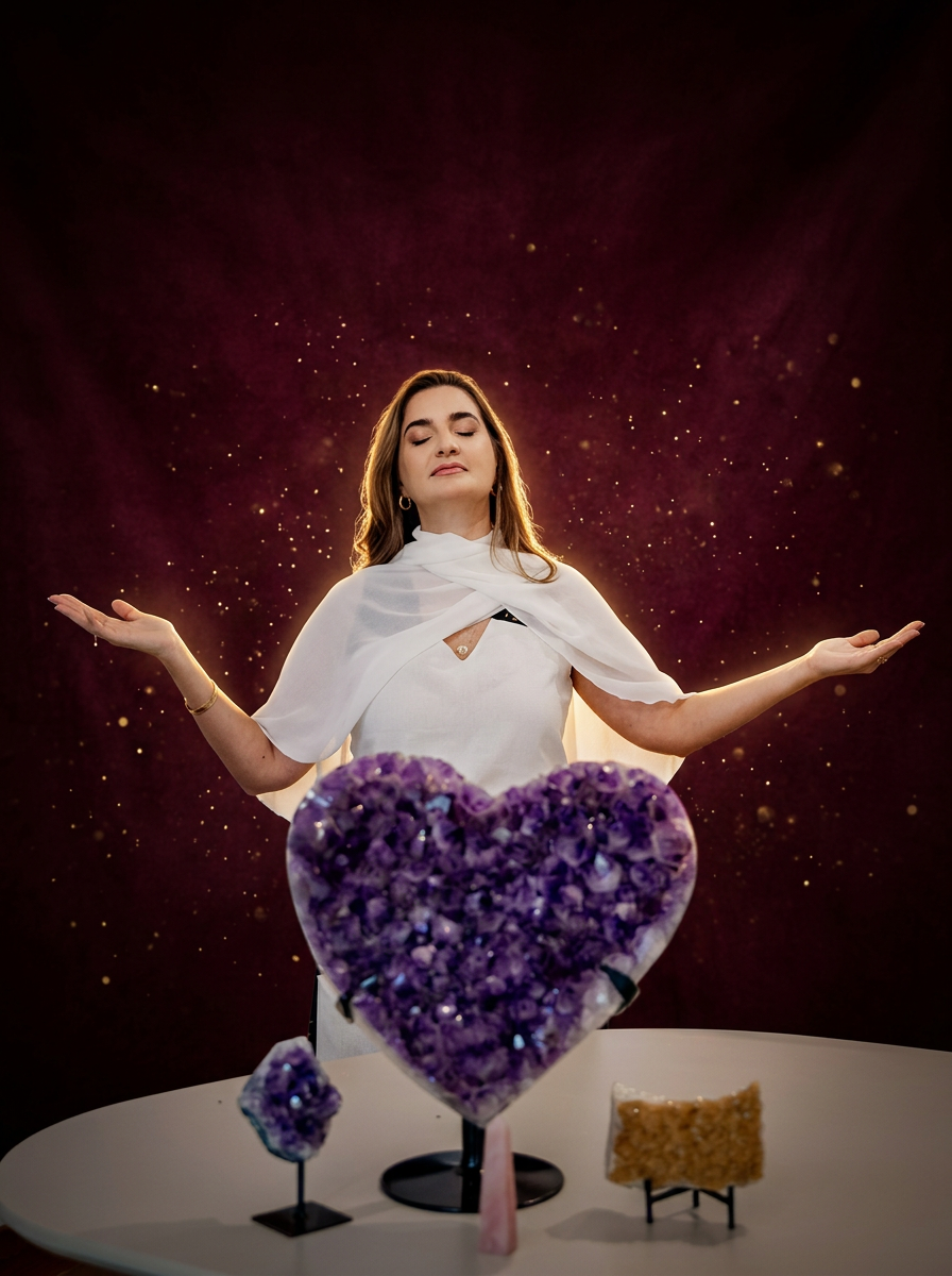 Amanda Astral segurando cartas de tarô douradas em ambiente sofisticado iluminado por velas